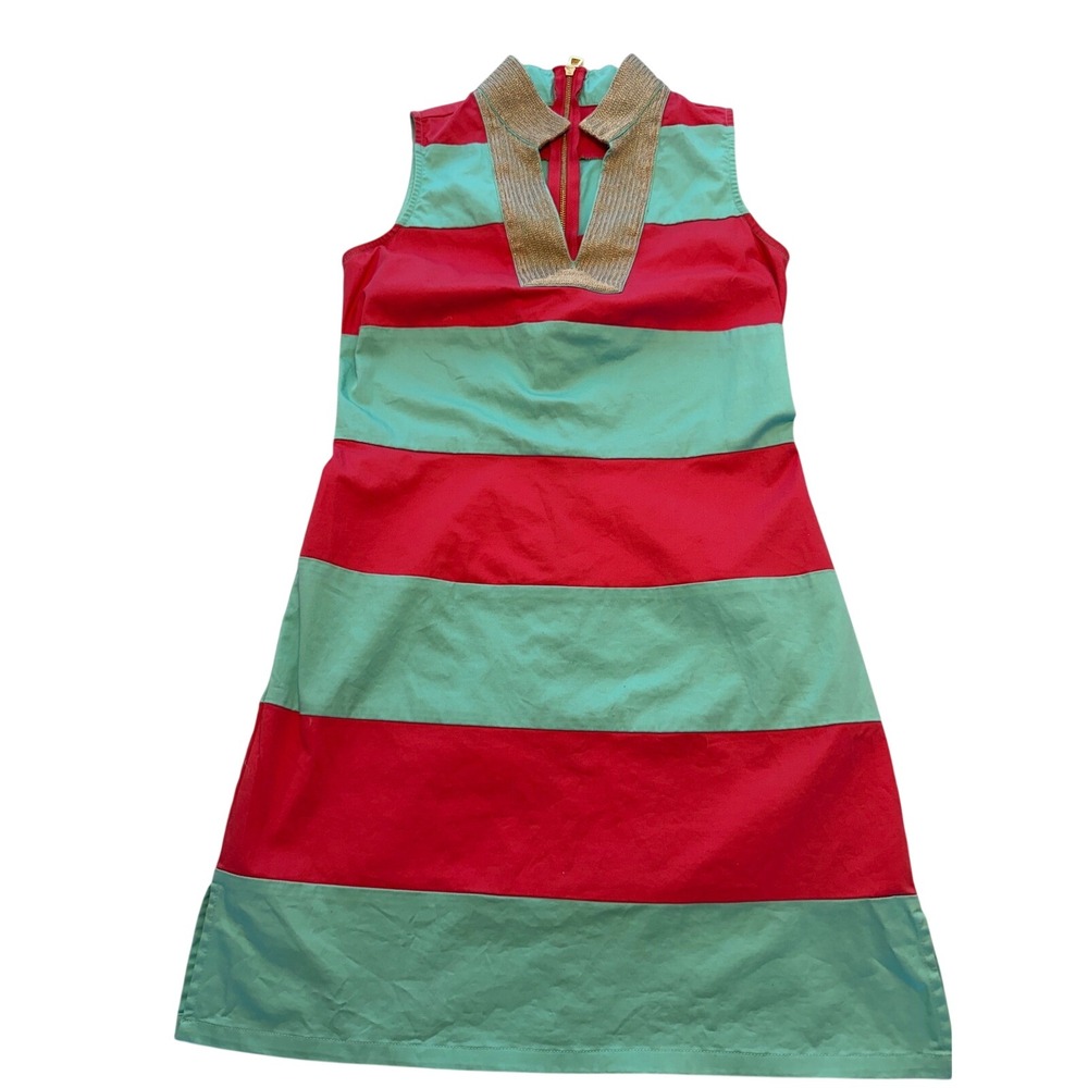 Sail to Sable Pink Aqua Striped Sleeveless Shift Dress Gold Trim XS